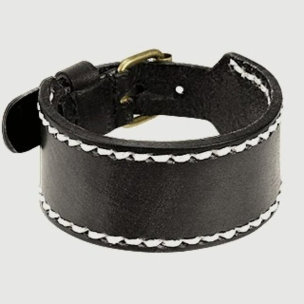 Black Leather Bracelet with Stitched Border with Adjustable Buckle End Closure